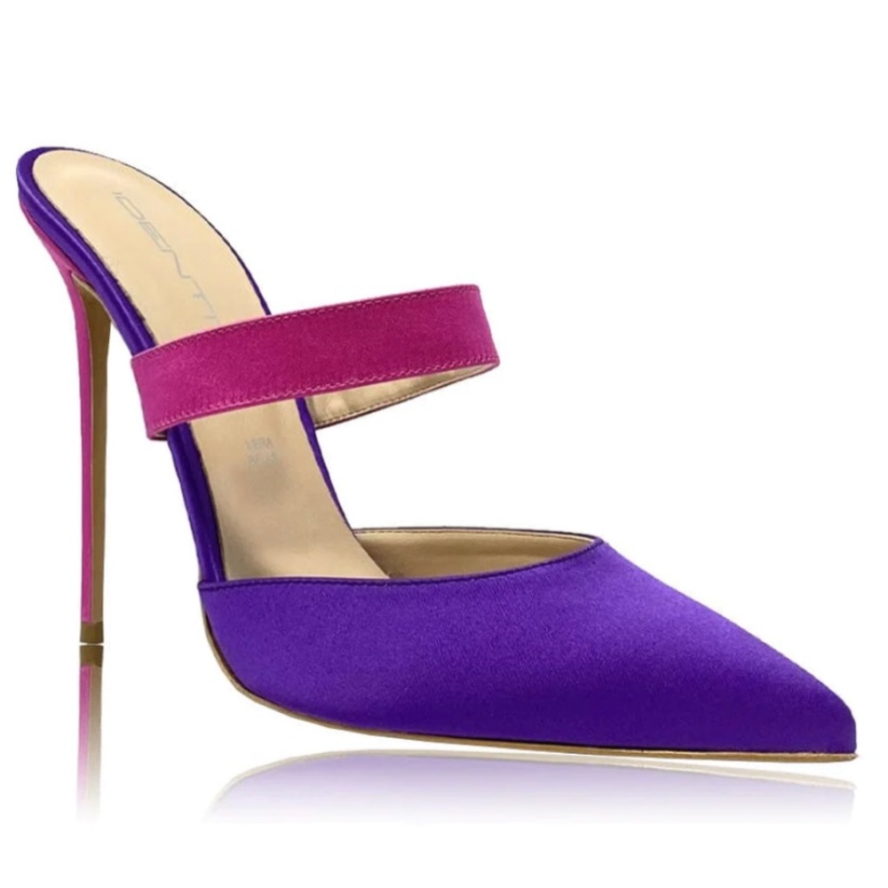 Two-tone pointed toe mules in satin with 120mm stiletto heel